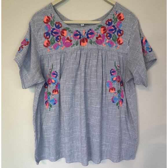See And Be Seen Tops - See And Be Seen Women's L Blue White Striped Embroidered Round Neck Blouse